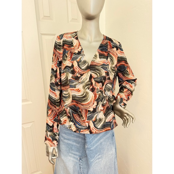 Halogen Tops - Halogen Abstract Marble Print Faux Wrap Blouse V-Neck Long Sleeve Multicolor S